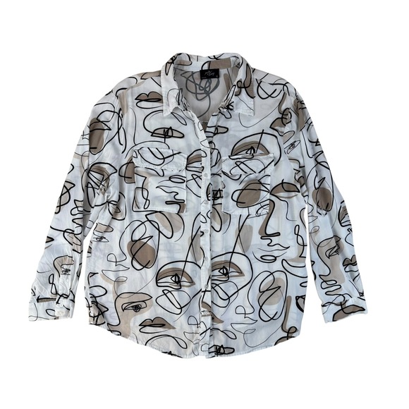 Milk & Honey Tops - Abstract Face Art Button Down Rayon Shirt Graphic Print 1X Milk & Honey